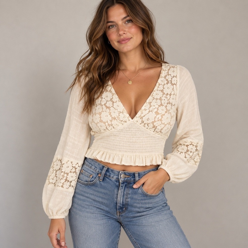 Altar'd State Ivory Floral Lace Crop Top Smocked Boho Peasant Balloon Sleeve